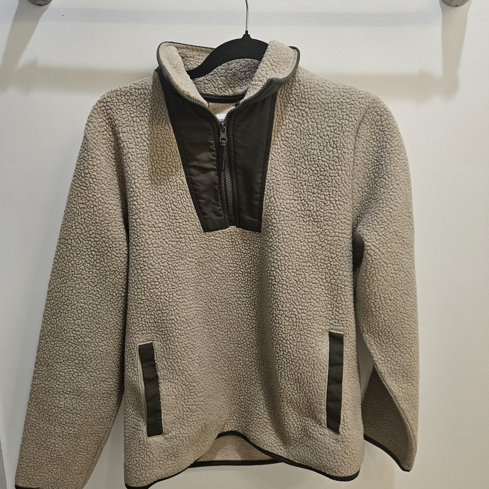 Unisex Sherpa Pullover Fleece Sweater - Beige with Olive Trim Old Navy